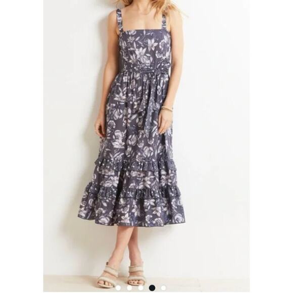 New Evereve Roan + Ryan XS Blue Madison Mixed Print Midi Dress Square Neck - Picture 14 of 14